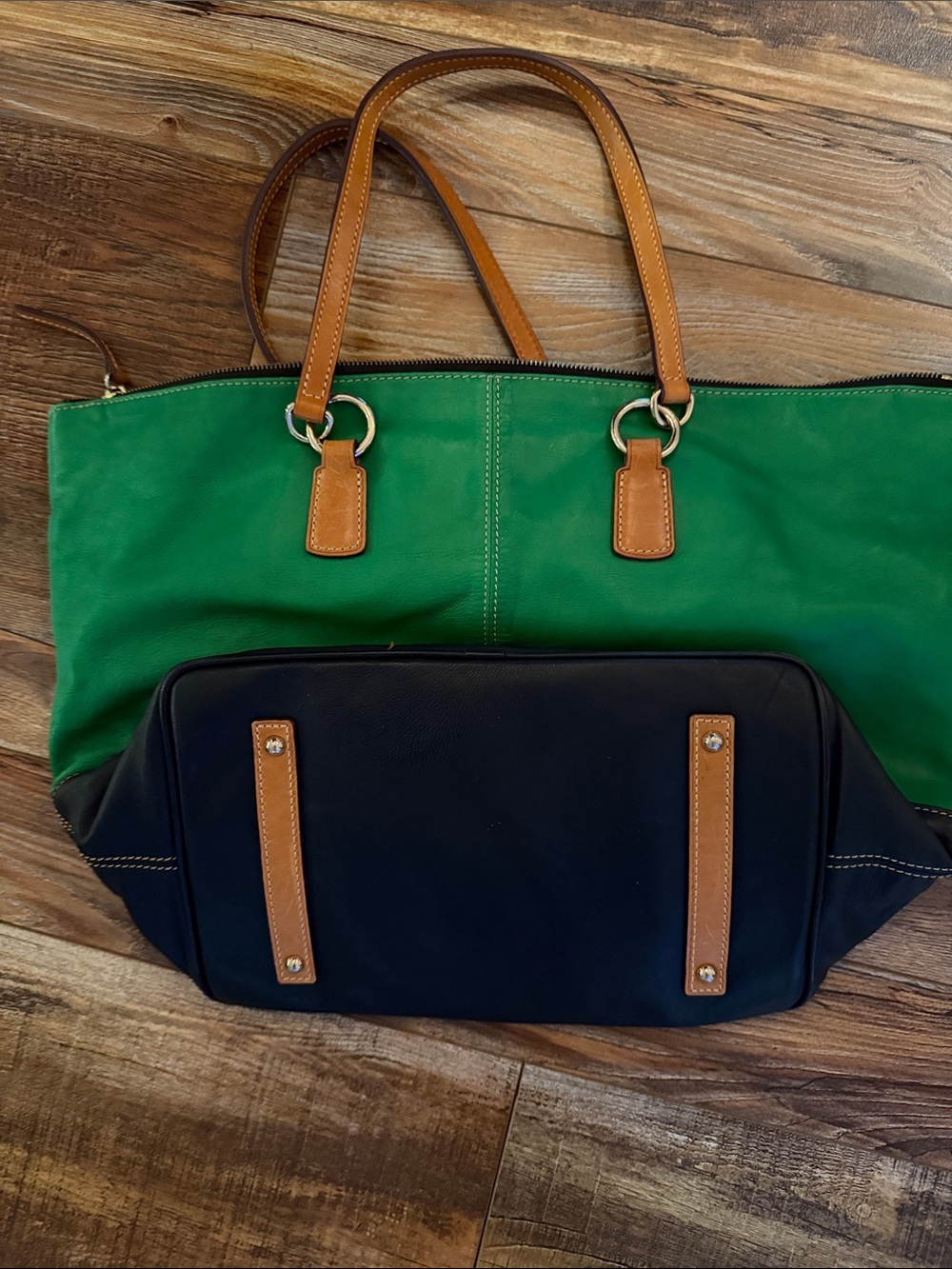 Dooney & Bourke Green and Navy Canvas Tote with Tan Leather Handles - Picture 2 of 3